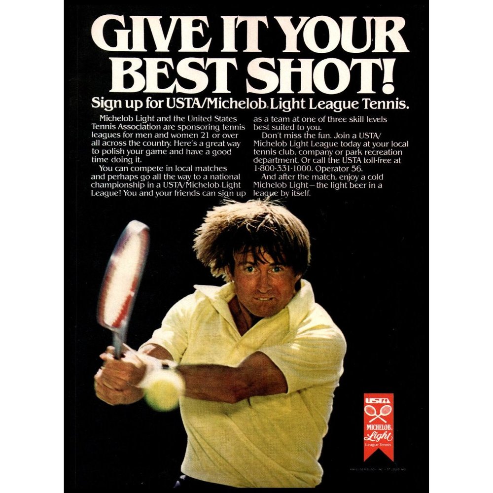 1981 Michelob Light Tennis League Vintage Print Ad Amateur Yellow Shirt Wall Art